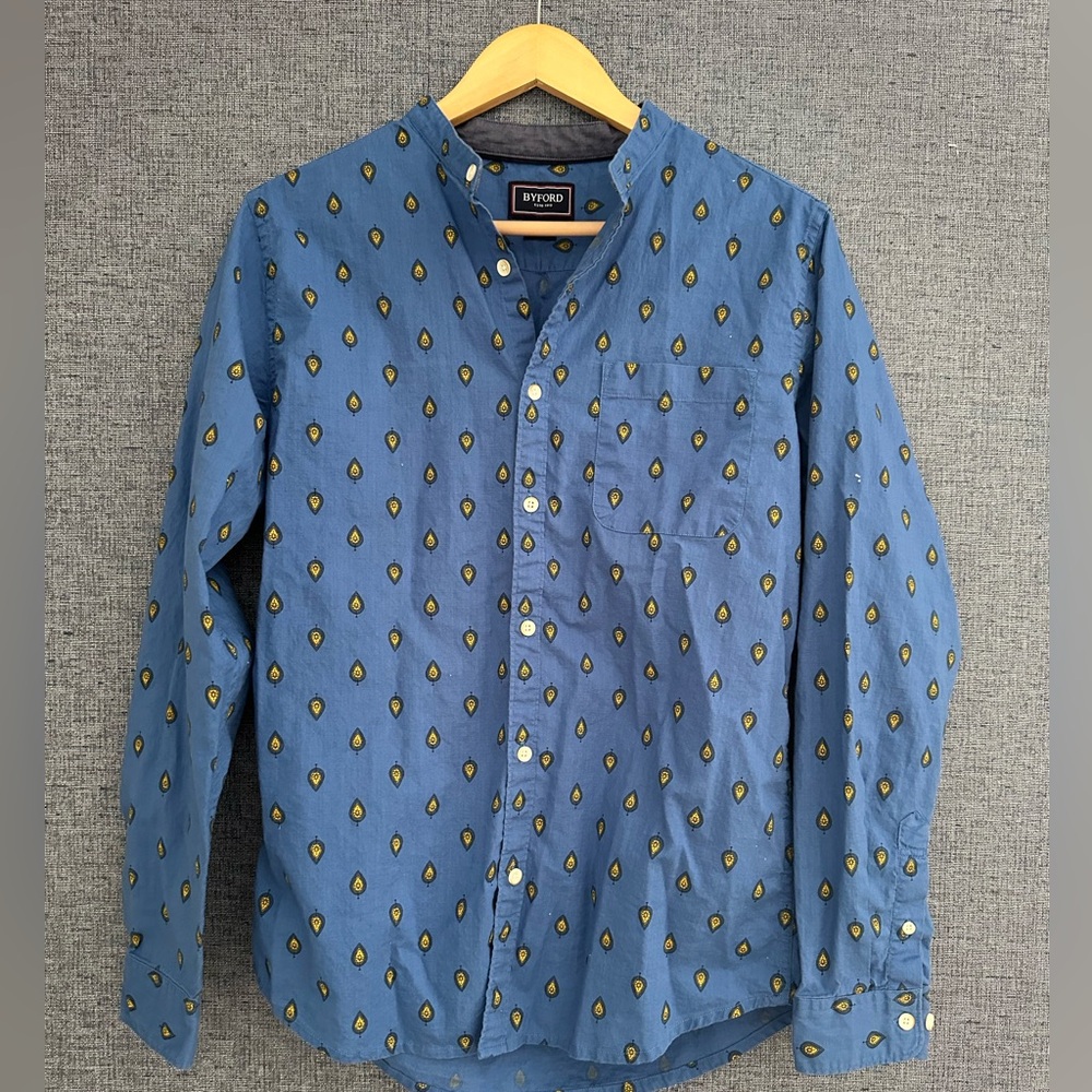 ByFord Casual Men’s Button Down Shirt with Blue and Yellow Design Size Medium
